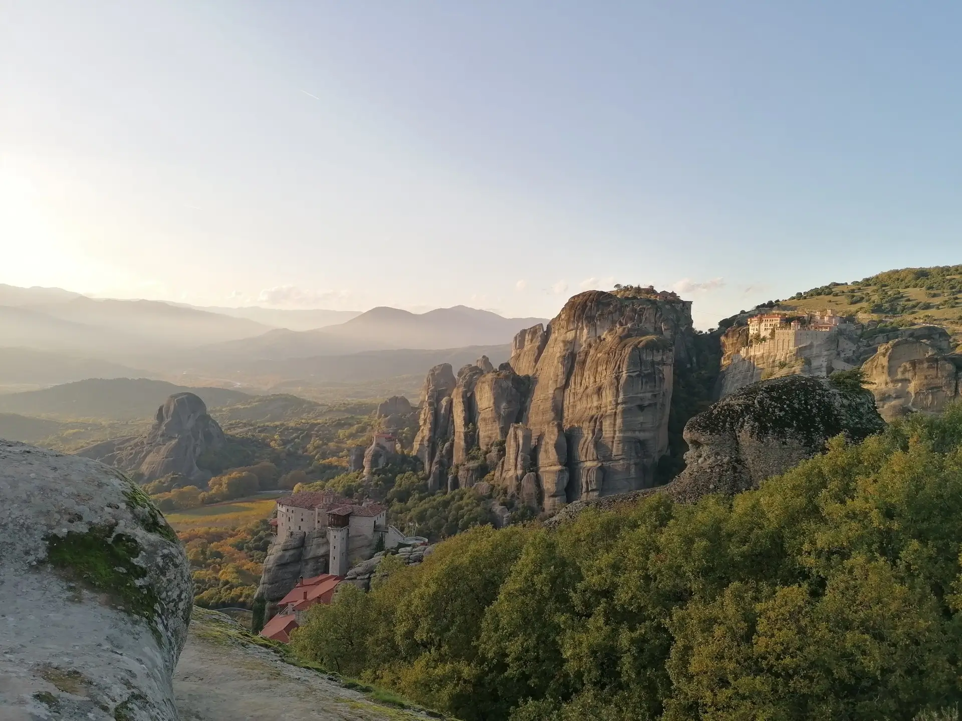Panoramic view of the holy monasteries of Meteora perched on giant rock pillars in Kalambaka Greece